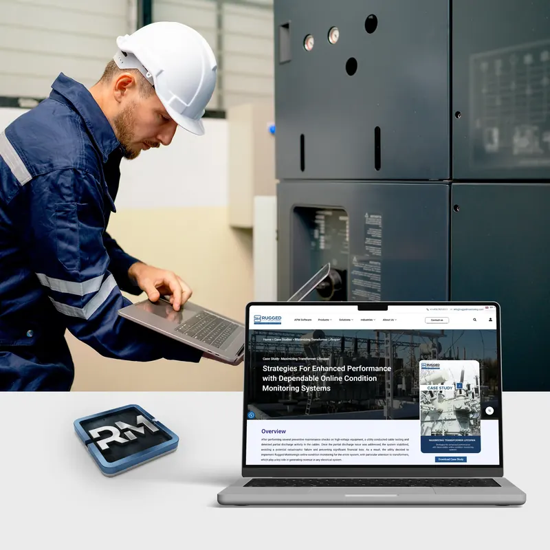 Engineer reviewing an RM case study on a laptop beside switchgear