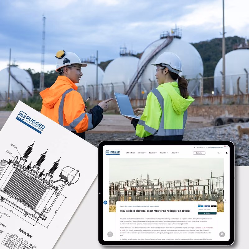 Field engineers at an industrial site with RM blog articles on a tablet