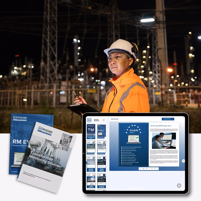 Engineer at a substation with RM brochures and a tablet